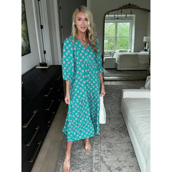 Womens Maxi Dress Bohemian Pattern V Neck Half Sleeve Loose Fit Summer
